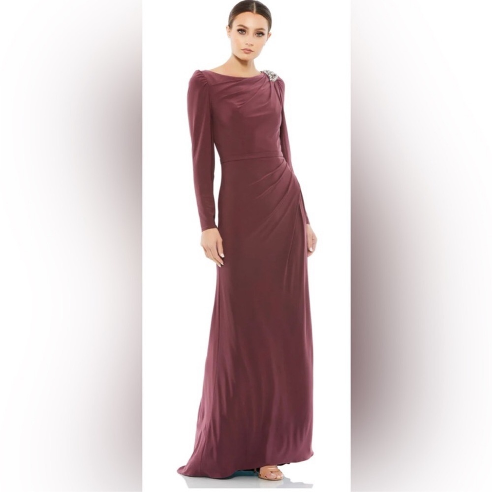 Mac Duggal Plum Long Sleeve Evening Gown with Shoulder Embellishment